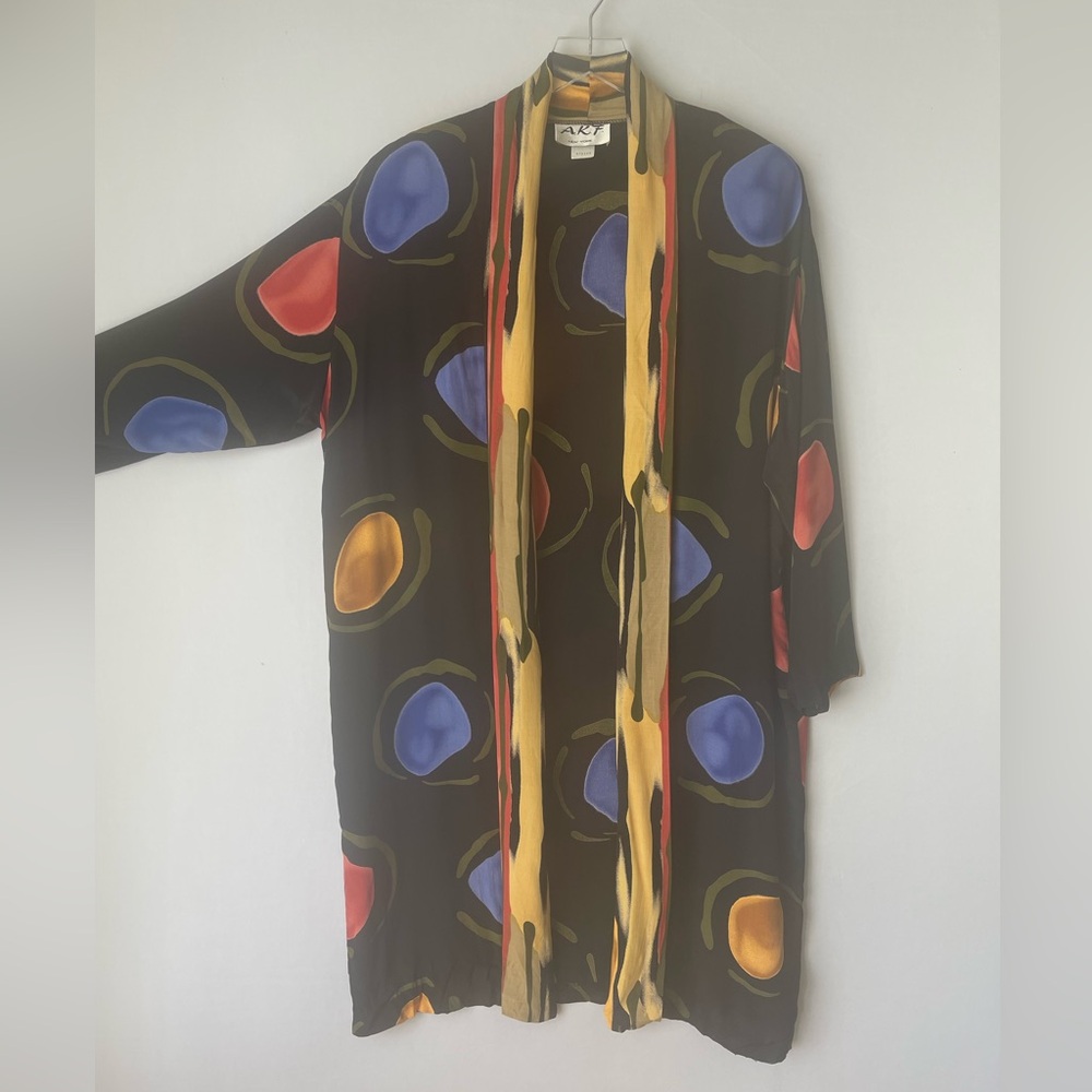 80s Rayon Geometric Primary Color Kimono Jacket Coverup M - Picture 3 of 15